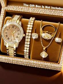 6件組女款金色奢華飾品套組，水鑽羅馬數字面盤石英手錶搭配手鍊、戒指、項鍊與耳釘，優雅迷人，適合送給女友或閨蜜的生日、情人節或畢業禮物 - 金色 - 查看 7