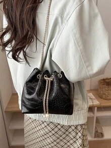 Bolso bandolera mini tipo cubo con cadena de color liso de moda - Negro - Ver 2