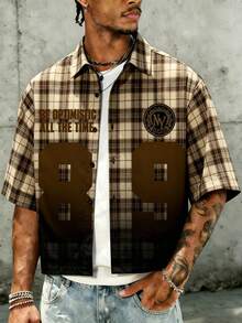 Modcrash Men's Yellow Plaid "NY 89" Slogan Print Short Sleeve Button-Up Shirt, Street Style Retro Shirt - Khaki - View 3