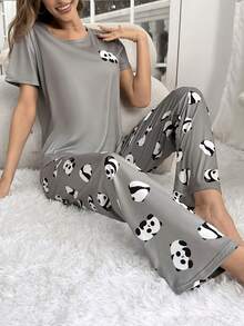 Grey Cartoon Animal Print Short Sleeve Top And Pants 2 Pieces Pajama Set Loungewear For Women - Grey - View 4