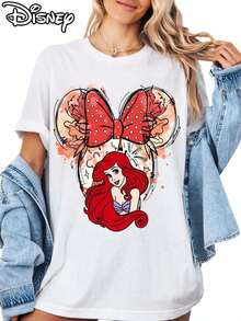 Disney Officially Licensed Women Summer Cotton T Shirt Watercolor Ariel Print Princess Style With Cute Bow Detail Daily Wear Gift For Friends Soft Com - 白色 - 查看 1