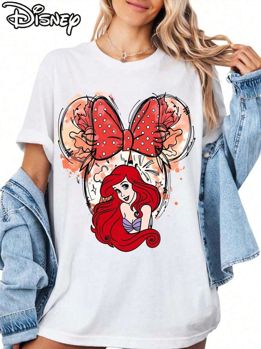 Disney Officially Licensed Women Summer Cotton T Shirt Watercolor Ariel Print Princess Style With Cute Bow Detail Daily Wear Gift For Friends Soft Com - 白色 - 查看 1