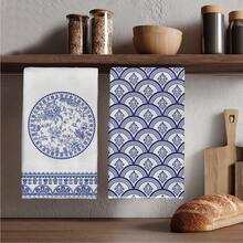 2pcs Blue And White Floral Bird Pattern Kitchen Towels, Rectangular Microfiber Kitchen Towels, Dish Cloths, Scouring Pads, Hand Towels, Cooking Baking Tea Towels, Kitchen Decor, Housewarming Gift, Birthday Gift, Bathroom Cleaning Wipes, Decorative Towels - Multicolor - View 1
