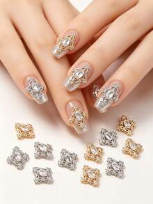 5pcs European Court Style Four-Leaf Clover Nail Art Decor, Copper Inlaid Zirconia Exquisite Hollow 3D Four-Leaf Clover Nail Gem Accessories, Rhinestone Nail Art Accessories, Y2K Multi-Function DIY Decoration Accessories, Fake Nail Art Decorations, Summer Nail Art Supplies - Multicolor - View 1
