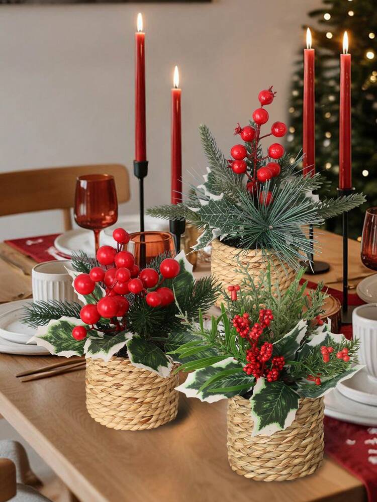 1/3pcs Artificial Christmas Decorative Potted Plant, Christmas Red Berry Cedar Branch Medium Potted Plant, 3 Styles Artificial Plants, Artificial Decor, Christmas Home Decor, Autumn/Winter Decor, Desktop Decor, Factory Customized, School Dormitory Office Decor - Multicolor - View 8