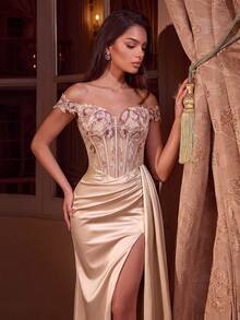 ADYCE Vestido de gala elegante con diseño de hombros descubiertos, aplique hecho a mano exquisito, cintura alta con abertura, cinturón de satén, espalda descubierta, largo hasta el suelo, vestido de graduación, baile de bienvenida, vestido de invitada de boda - Albaricoque - Ver 5