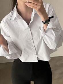 女款白色寬鬆領短款長袖襯衫，適合夏季休閒通勤外出，修身輕盈上衣，背面設計交叉開衩襯衫上衣 - 白色 - 查看 4