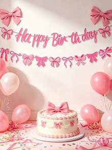 Chic Pink Bow Birthday Banner And Spiral Decorations - Classic Paper Hanging Ornaments For Party Celebrations, English Text, Birthday Party Decorations Pink Bow Birthday Banner Celebration Decor - Multicolor - View 1