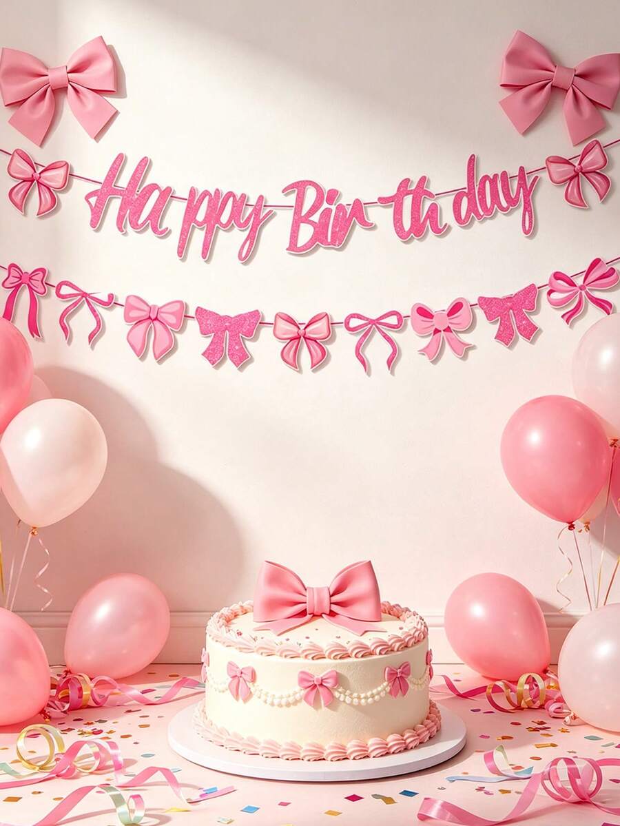 Chic Pink Bow Birthday Banner And Spiral Decorations - Classic Paper Hanging Ornaments For Party Celebrations, English Text, Birthday Party Decorations Pink Bow Birthday Banner Celebration Decor - Multicolor - View 1