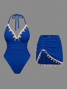Swim Oasis Top de bikini de unicolor con triángulo y correa de cadena de concha para mujer, traje de baño de una pieza; Traje de baño de dos piezas para mujer con cintura con cordón y decora - azul real - Ver 1