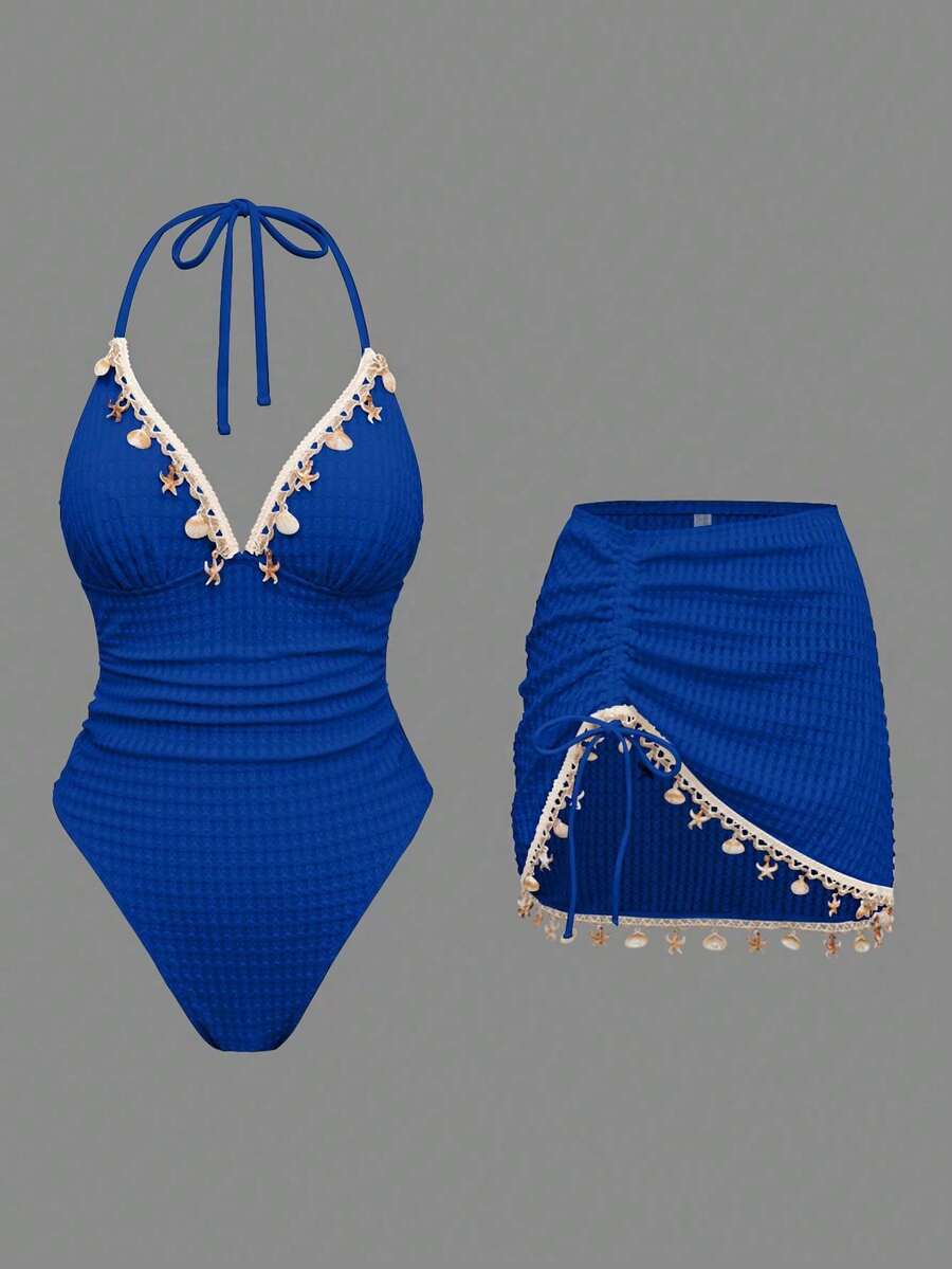 Swim Oasis Top de bikini de unicolor con triángulo y correa de cadena de concha para mujer, traje de baño de una pieza; Traje de baño de dos piezas para mujer con cintura con cordón y decora - azul real - Ver 1
