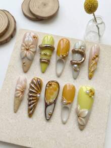 10 PCS Y2K Handmade Long Stiletto Press On Nails, Hollow Cut-Out & Honeycomb Pattern French Tip With Charms, Removable Reusable Nail Supplies Set (Jelly Glue & Nail File Incl.) - Mustard Yellow - View 2