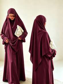 Solid Purple Loose Abaya With Attached Hijab, Ruffled Cuff Long Sleeve Modest Jilbab Maxi Dress, Elegant Islamic Daily Prayer Outfit For Muslim Women - Multicolor - View 30