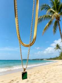 2 Stacked Geometric Square Green Zirconia Pendants, Double-Layer Collarbone Chain, Men's Necklace - Multicolor - View 5