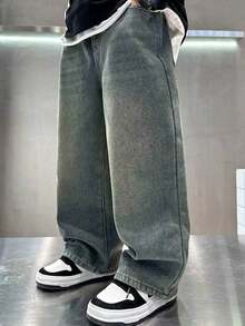 Tween Boy Loose Casual Versatile Denim Wide Leg Pants With Pockets - Blue - View 4