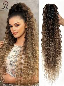 24 Inch Dark Brown Deep Wave Clip-In Ponytail Hair Extension - Heat Resistant Synthetic Fiber, Natural Curly Hair Styling Accessory, Suitable For Women's Daily Use, Daily Hairstyle Styling Accessory, Voluminous Curly Heat Resistant Fiber Wig - Brown Ombre - View 11