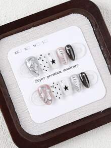 10 piezas de uñas postizas de forma almendrada mediana, estilo gótico Y2K con diseño de estrellas y lunares en blanco y negro, remolino plateado metálico y decoración de estrellas 3D, uñas postizas de cobertura completa reutilizables para mujeres y niñas, para uso diario, citas, fiestas y manicura de vacaciones, hechas a mano - Multicolor - Ver 6