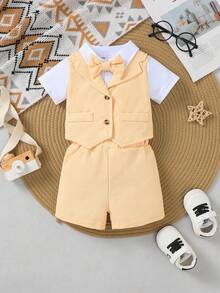 AfterClass 3-Piece Baby Boy Christening Outfit: Short Sleeve Collar Patchwork Waffle Romper + Shorts + Bow Tie, Adorable Christening Suit - Apricot - View 3