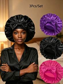 1pc Women's Satin Sleeping Cap, Elastic Strap Design, Smooth & Silky, Colorful Satin Material, Casual Home Daily Hair Care Sleeping Hat Hair Sleep Cap Sleep Bonnet,Summer,Beach - Black - View 13