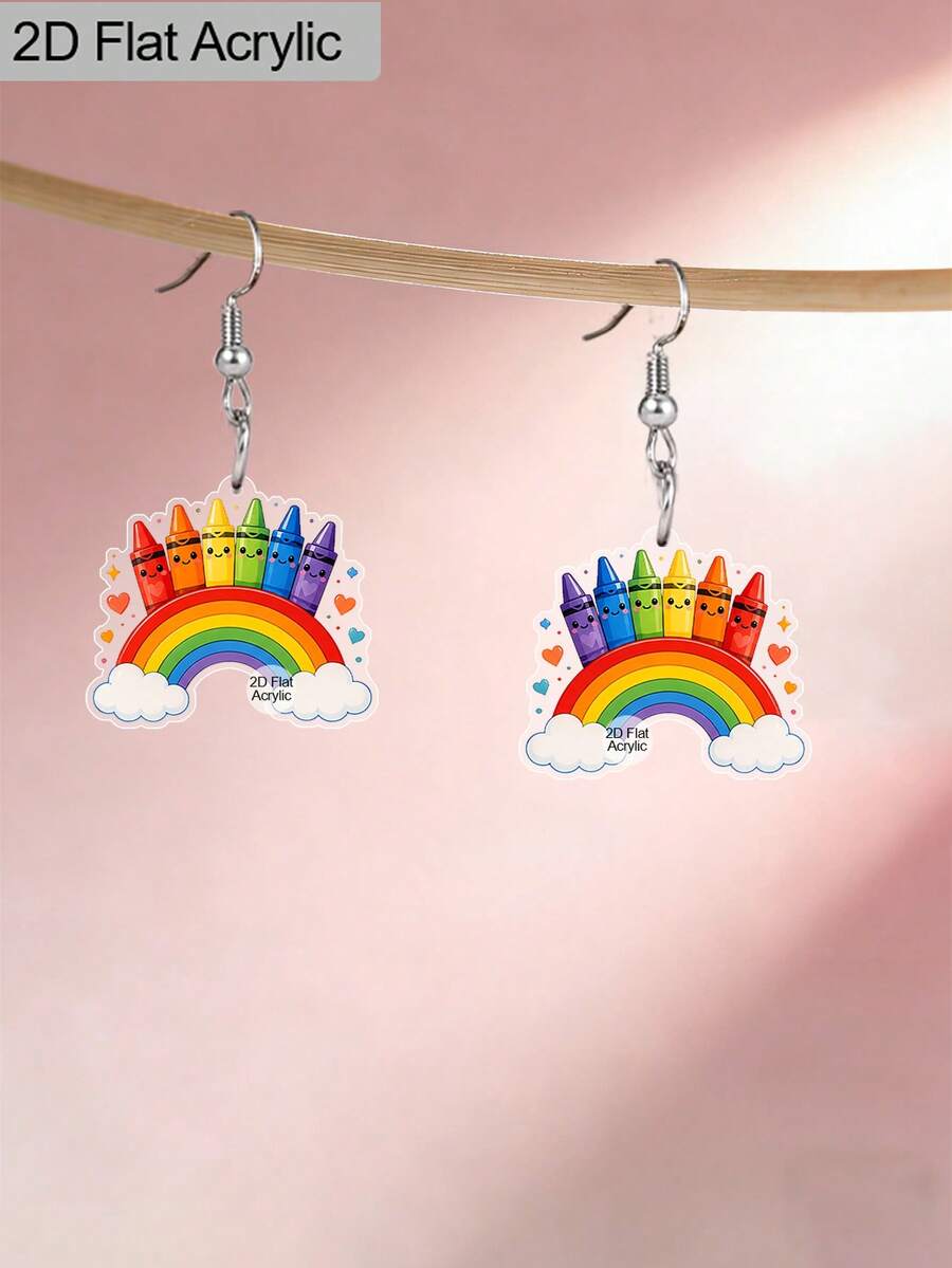 1 par de pendientes colgantes de acrílico con forma de nube, corazón y crayón arcoíris lindos para mujeres, pendientes de dibujos animados para volver a la escuela, regalo de agradecimiento para maestros, regalo para maestros - Multicolor - Ver 1