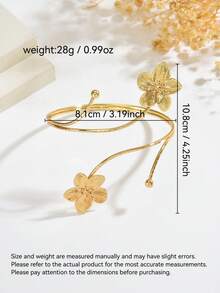 1pc Fashionable Personalized Double Texture Open Arm Cuff, Minimalist Patterned 3D Floral Geometric Open Adjustable Arm Decor, Suitable For Music Festivals, Proms And Parties - Gold - View 3