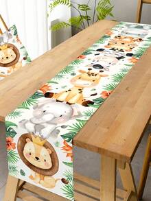 1件叢林動物桌旗 180x35cm 獅子老虎圖案桌布，適合男孩野生動物主題生日派對裝飾、嬰兒洗禮派對用品 - 彩色 - 查看 3