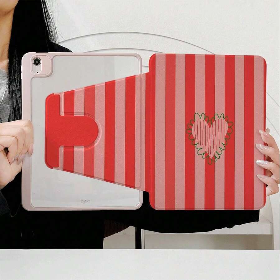 1pc Red & Pink Striped Heart 360° Rotating Tablet Protective Case, Multi-Angle Magnetic Stand Cover With Auto Sleep/Wake Function, Compatible With IPad PRO/AIR, Pad 5/6/7, Pad, Matepad, Pad, Honor Pad, Xiaoxin Pad - Multicolor - View 1