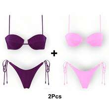 Women's Glossy String Bikini Set Soild Swimsuit Women's Fashion Bikini Green Halter Sport Swimsuit Beach Vacation Low Cut Shiny - 紫+粉 - 查看 1