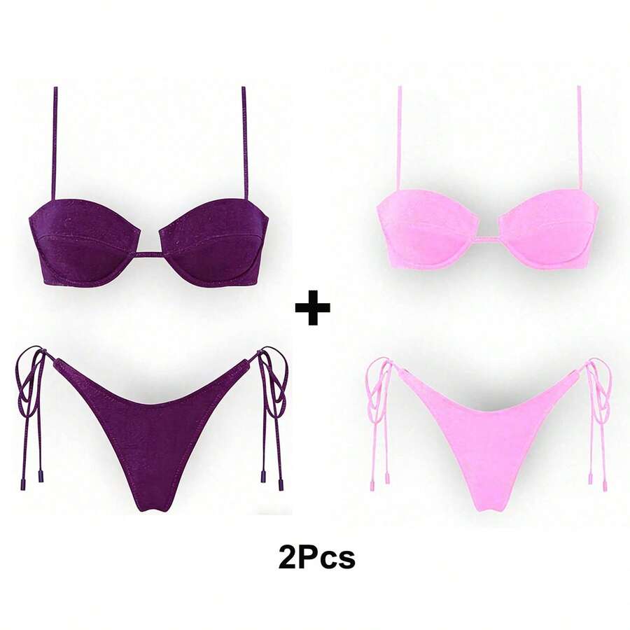 Women's Glossy String Bikini Set Soild Swimsuit Women's Fashion Bikini Green Halter Sport Swimsuit Beach Vacation Low Cut Shiny - 紫+粉 - 查看 1