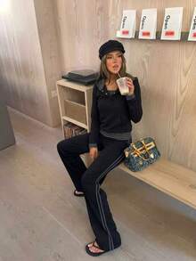 Spring/Autumn New Style College Style Color Block Striped Patchwork Button Hooded Long Sleeve Women's T-Shirt - Black - View 5