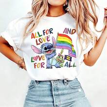 Disney Pure Cotton T-Shirt Cute Lilo & Stitch Tee Cartoon Stitch Scrump Rainbow Flag All For Love Casual Oversized Short Sleeve - 白色 - 查看 1