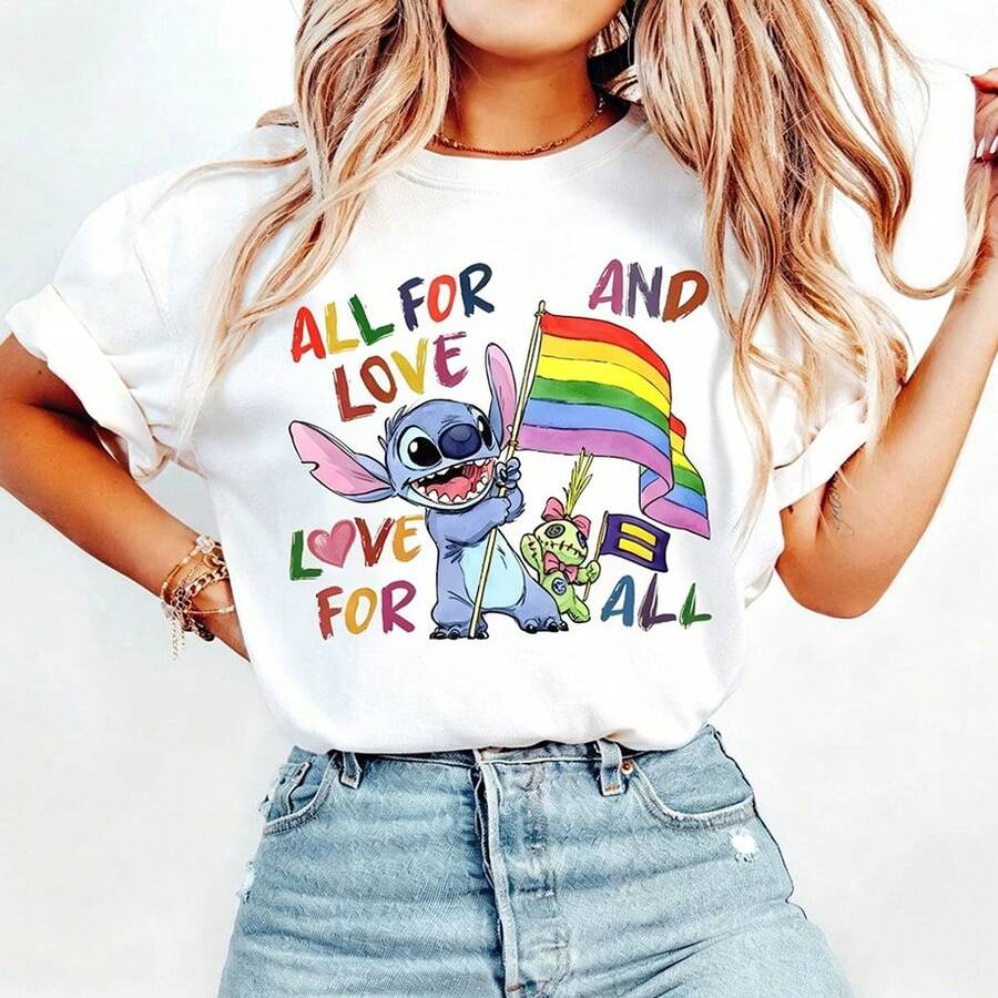 Disney Pure Cotton T-Shirt Cute Lilo & Stitch Tee Cartoon Stitch Scrump Rainbow Flag All For Love Casual Oversized Short Sleeve - 白色 - 查看 1