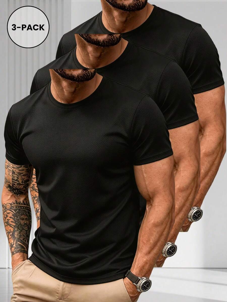 3pcs/Pack Men's Summer Quick-Dry Sports T-Shirts - Multi-Color Crew Neck Short Sleeve, Breathable Multi-Function Fitness Running Tops - Multicolor - View 1