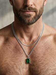 2 Stacked Geometric Square Green Zirconia Pendants, Double-Layer Collarbone Chain, Men's Necklace - Multicolor - View 9