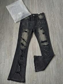 High Street Style Black & Grey Distressed Ripped Jeans, Men's Washed Slight Flare Denim Pants, Street Fashion Washed Distressed Slight Flare Jeans, Daily Commute Street Jeans - Black - View 2