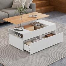 Coffee Table 100 X 50 X 40 Cm, Height-Adjustable Coffee Table With Concealed Storage, Living Room Table With 2 Drawers, Side Table With Semi-Open Storage, White And Wood Bedside Table. - White - View 3