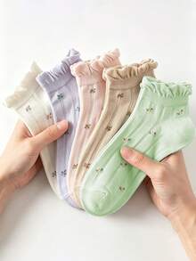 5 Pairs Floral Pattern Ruffle Trim Ankle Socks, Breathable Hollow Out Women's Casual Socks - Multicolor - View 1