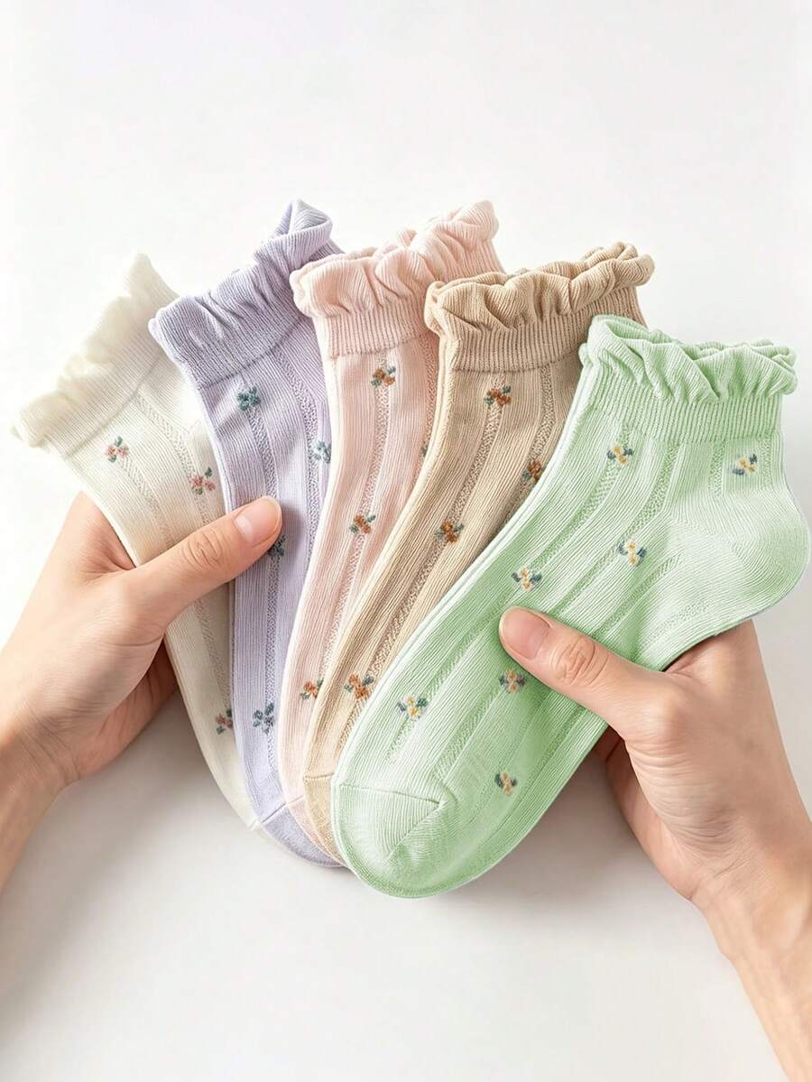 5 Pairs Floral Pattern Ruffle Trim Ankle Socks, Breathable Hollow Out Women's Casual Socks - Multicolor - View 1