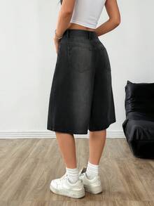 Women's Loose Fit Pocketed Wide Leg Knee Length Jeans Summer Casual Black - Black - View 6