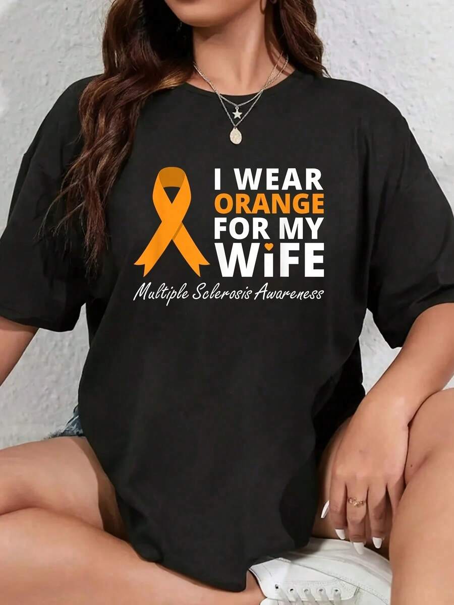 I Wear Orange For My Wife Multiple Sclerosis Awareness MS T-Shirt Women's Men's Black Streetwear Graphic Tee - Black - View 1