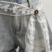 1件蕾絲刺繡腰繩時尚珍珠裝飾扣腰帶 女款優雅髮圈包包配件 適合日常使用 - 黑+白 - 查看 9