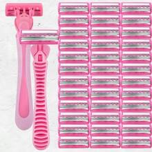2 Handles + 36 Replacement Blades/3-Layer Manual Razor, Stainless Steel Razor Blades. Sharp, Washable And Reusable, Face Razor, Hair Removal - Pink - View 2