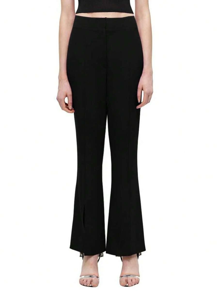 Rich Radi Q's Women's Solid Color Woven Non-Stretch Flare Pants With Distinctive Slit Detail - Black - View 1