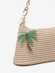 1pc Women's Minimalist Vacation Metal Chain Decor Faux Straw Flower Multi-Decor Large Capacity Handheld Baguette Bag Suitable For Outings, Dates, Commuting, Vacation - Camel - View 3