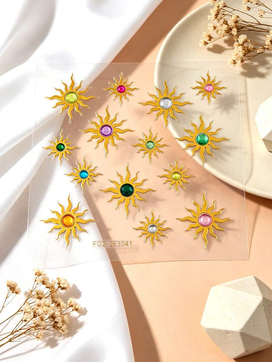 1pc Sun Theme DIY Face Jewels, Multicolor Crystal Decor 3D Gold Foil Rhinestone Stickers, Self-Adhesive Festival Face Jewelry For Music Festival, Summer Party, Halloween, Carnival, Photography, Wedding Events And Bohemian Theme Occasions