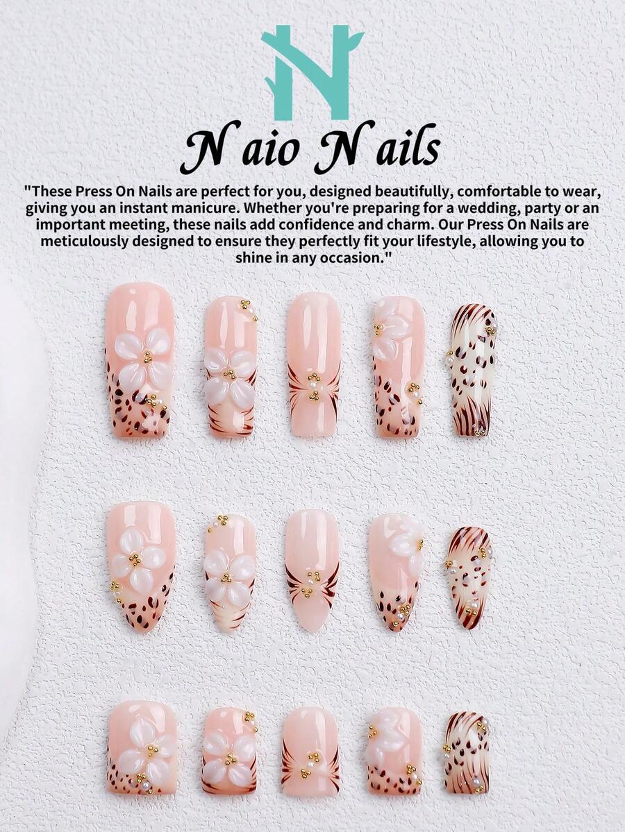 NAIO 10片/組手工穿戴式假指甲,3種尺寸:棺材形/杏仁形/短方型,Y2K優雅風,裸粉色豹紋搭配3D花卉設計,飾有金色珠飾,適合女性與女孩,日常使用與派對,女士美甲禮物首選 - 彩色 - 查看 1