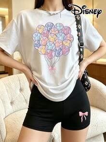 Disney Official Licensed Lilo & Stitch 2-Piece Set, Women's White Tee & Biker Shorts, Featuring Pastel Mickey Balloon Print With Pink Bow, - 白色 - 查看 1