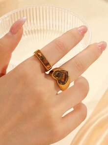 2pcs Stainless Steel Gold-Tone Heart-Shaped Rings With Brown Resin Inlay, Rectangular Polished Surface, Fashion Minimalist Style, Suitable For Women's Daily Wear Or Gift - Yellow Gold - View 2