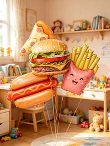 A Set Of 5 Balloons Featuring Burgers, Pizzas, Chips And Hot Dogs, Ideal For Birthday Parties, Picnics, Food-Themed Events, Children's Parties, Restaurant Photo Opportunities, Festive Decorations And Whimsical Party Decorations. - Food Balloons - View 3