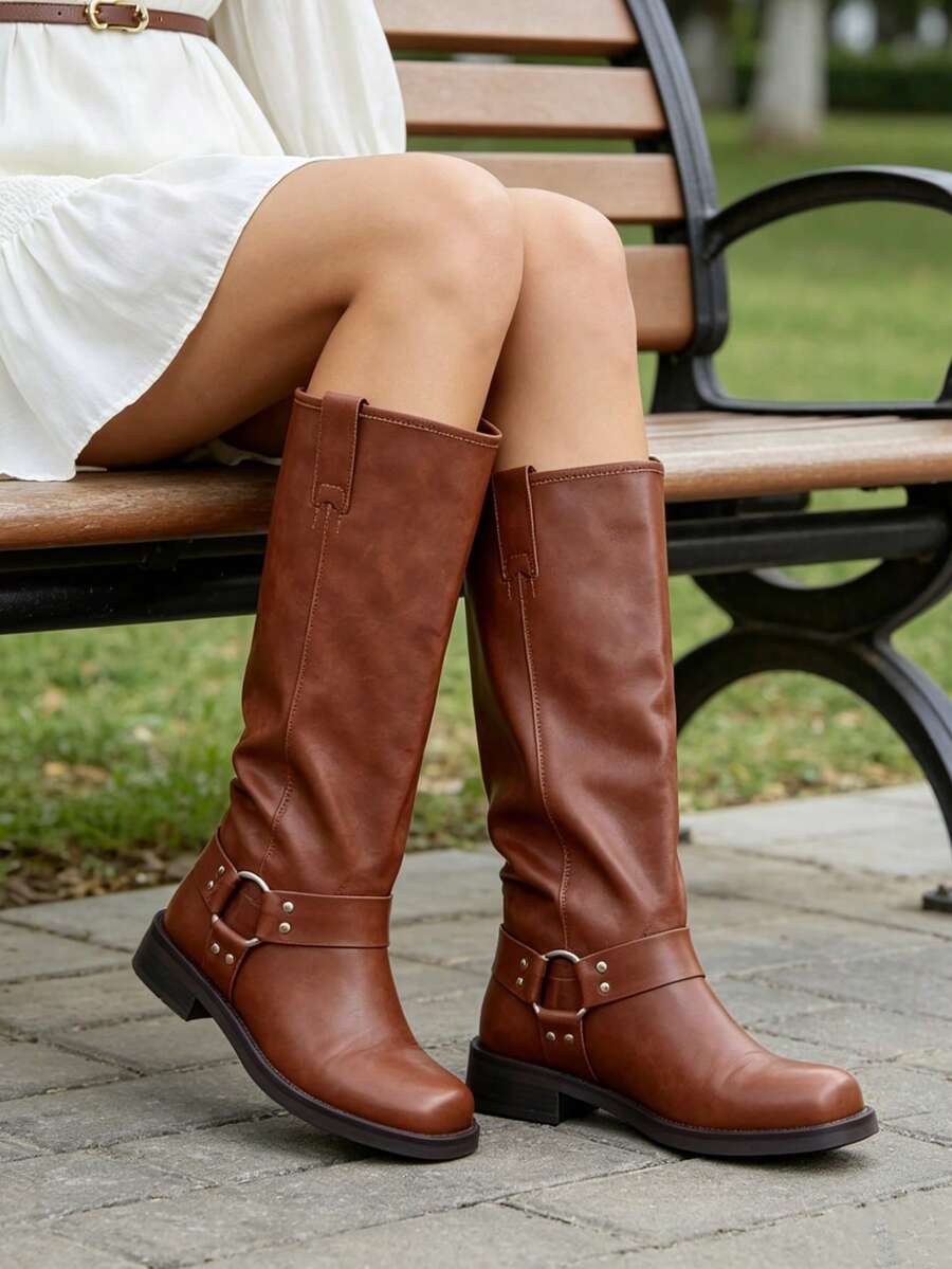 Squared Toe Knee High Boots For Women Pull On Riding Tall Boots With Buckle Punk Knee-High Boots For Women Chunky Heel Flat Boots Low Heel Long Boots - 棕色 - 查看 1